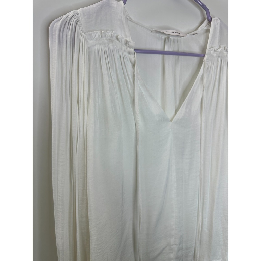 Rebecca Taylor Sateen Tie Neck Smocked Ruffle Cuff Blouse XS Off White Luxury - Picture 4 of 16